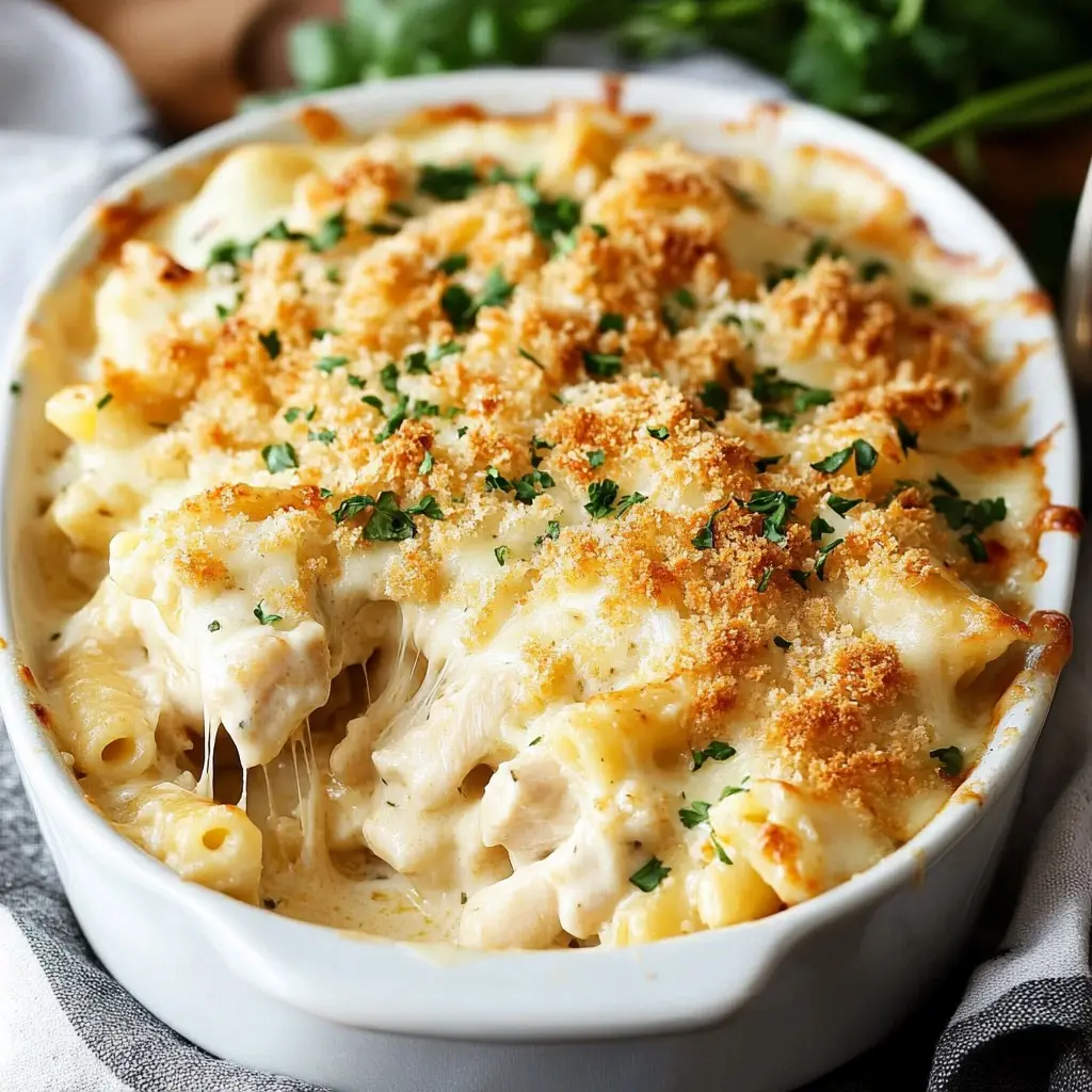 Cheesy Baked Chicken Alfredo with Crispy Garlic Breadcrumbs