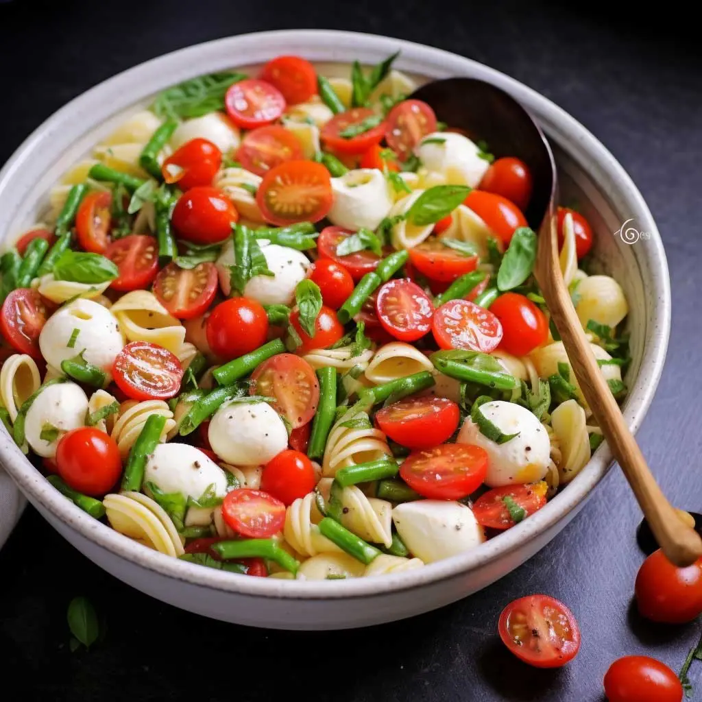 caprese primavera penne pasta with tomatoes, asparagus and baby mozzarella