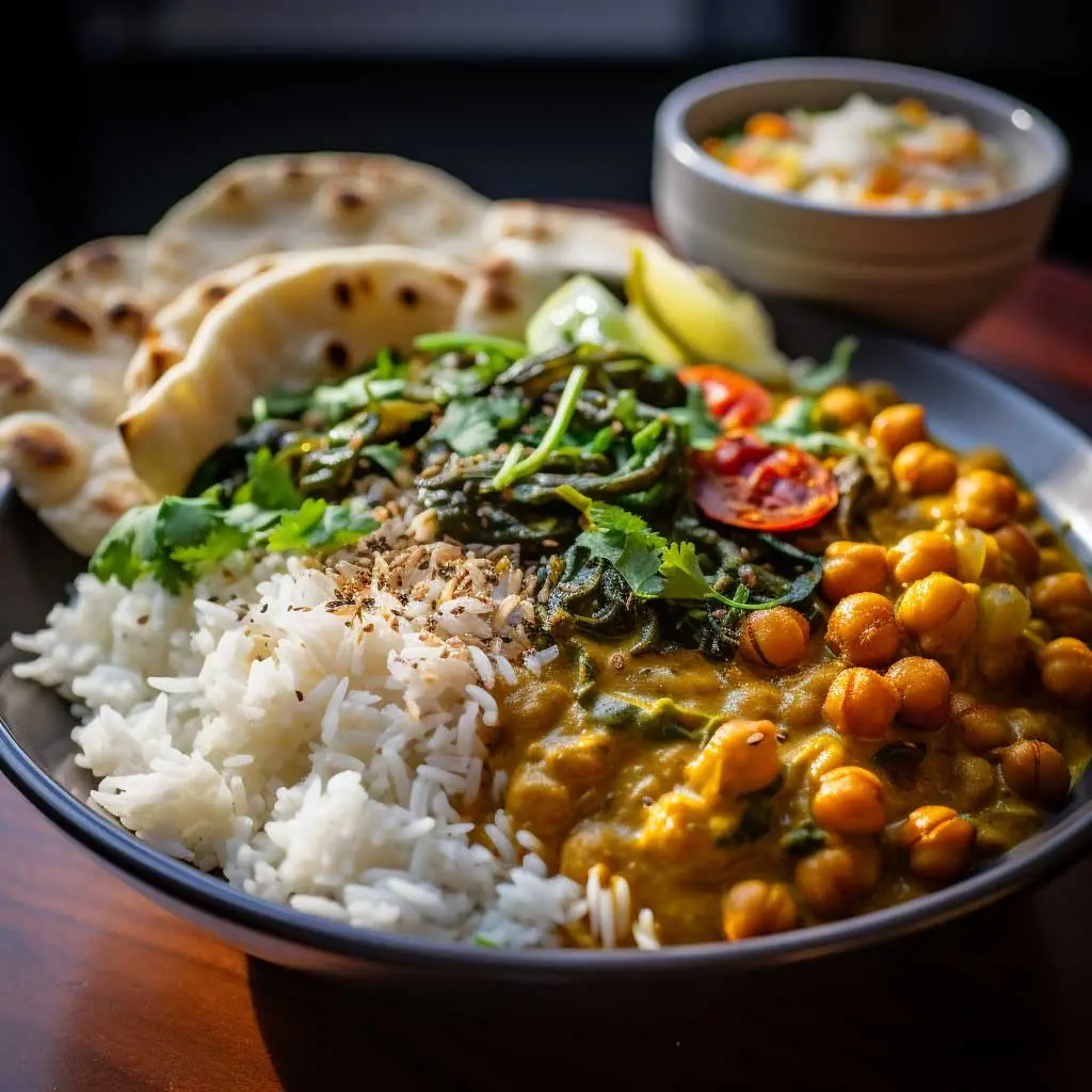 vegan coconut chickpea curry over rice with naan bread