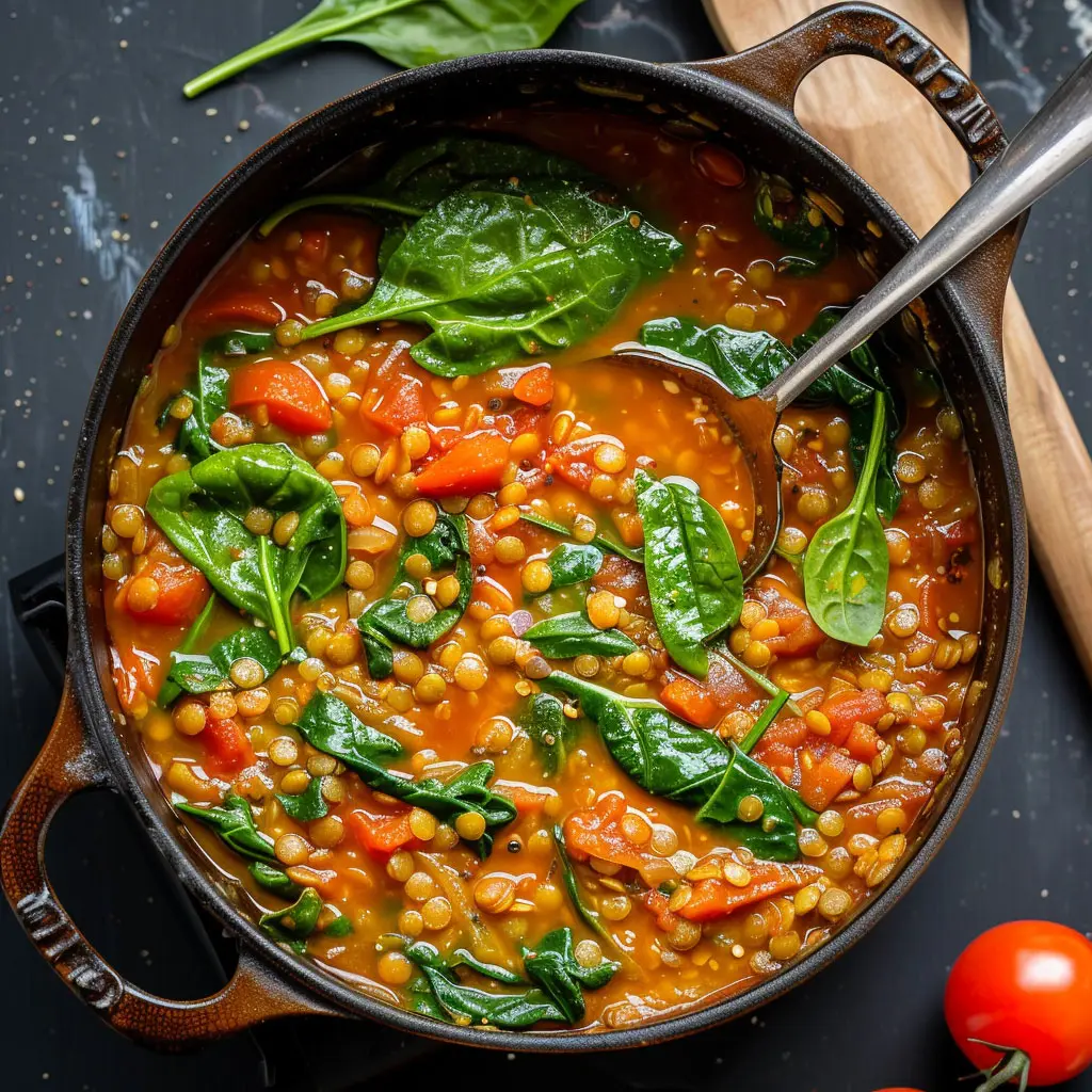 crockpot lentil soup with spinach and tomatoes
