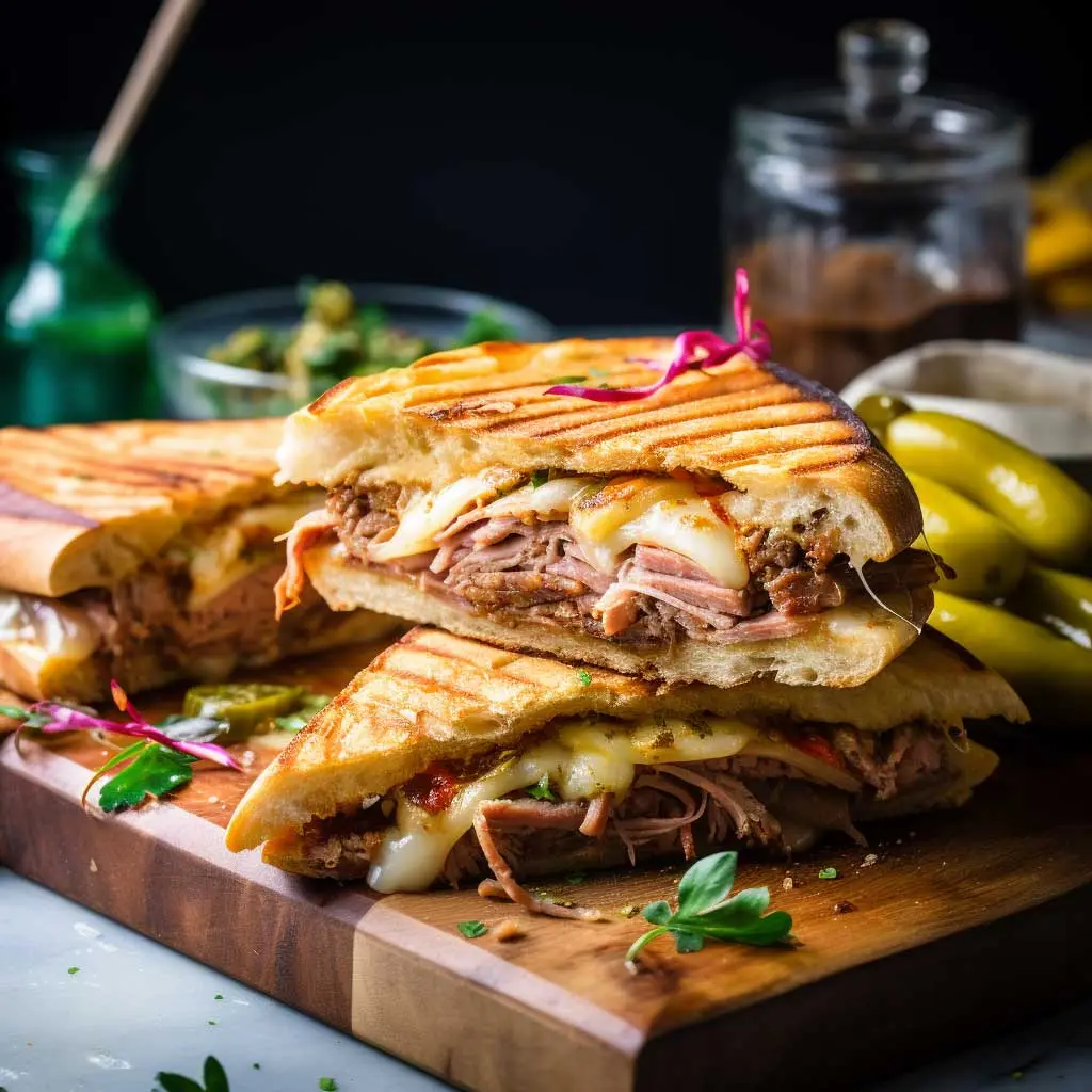 cuban pulled pork sandwich with pickles and cheese