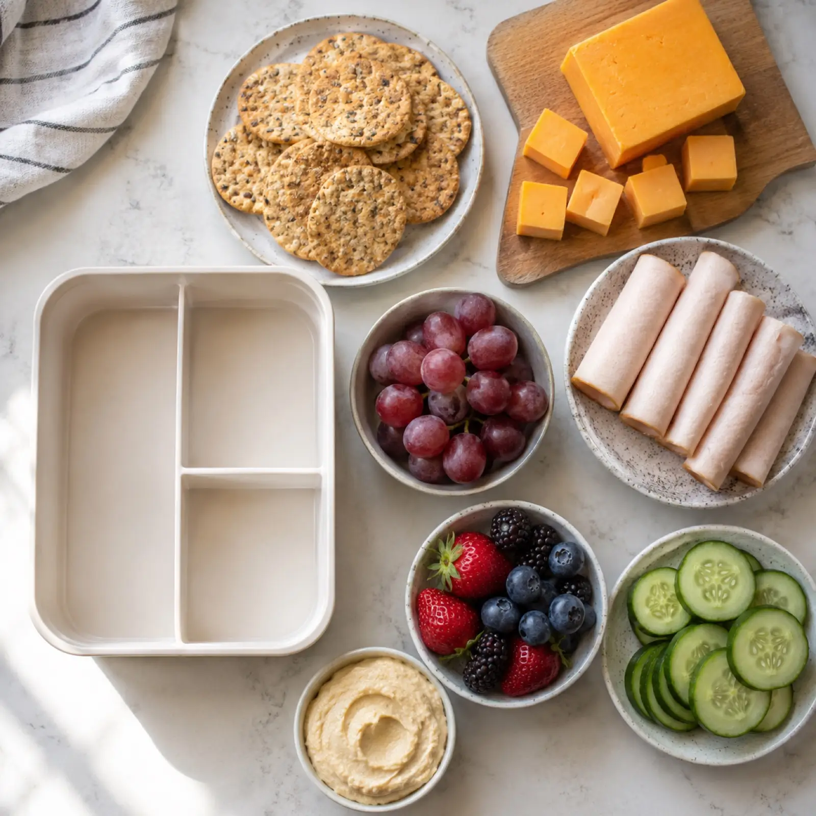 Build your own DIY Lunchable flat lay: an empty divided bento container with bowls of crackers, cheddar, rolled turkey, grapes, berries, cucumber and hummus