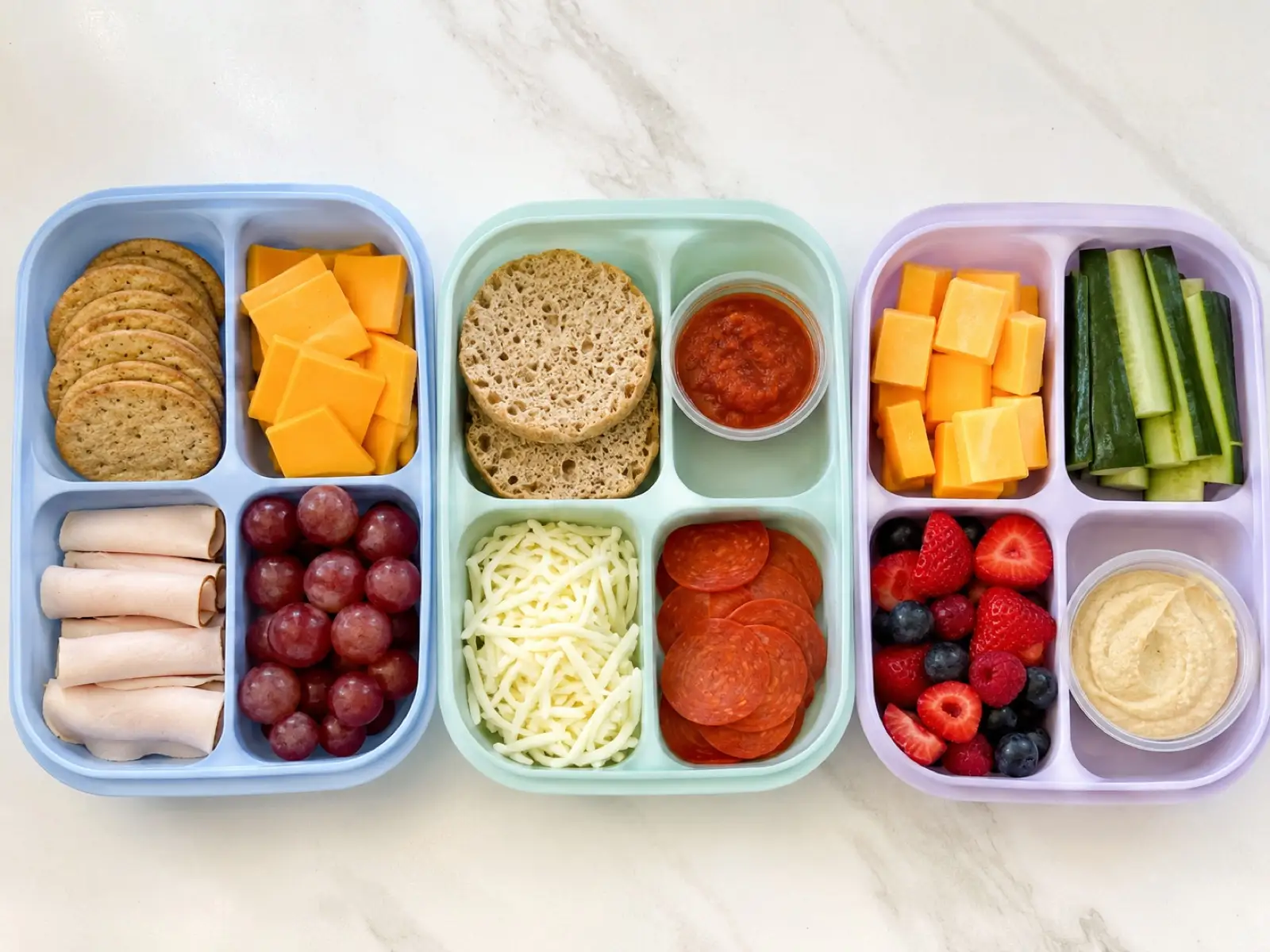 Three homemade lunchable bento boxes: a crackers cheese and turkey box, a DIY pizza box with English muffins marinara mozzarella and pepperoni, and a fruit cheese cucumber and hummus box