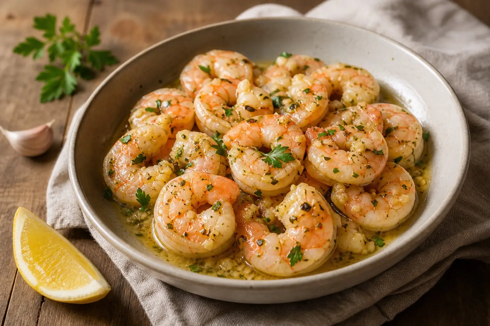 A shallow ceramic bowl of large garlic butter shrimp in a glossy lemon-butter sauce, topped with fresh chopped parsley, with a lemon wedge and garlic clove beside it on a warm wood table.