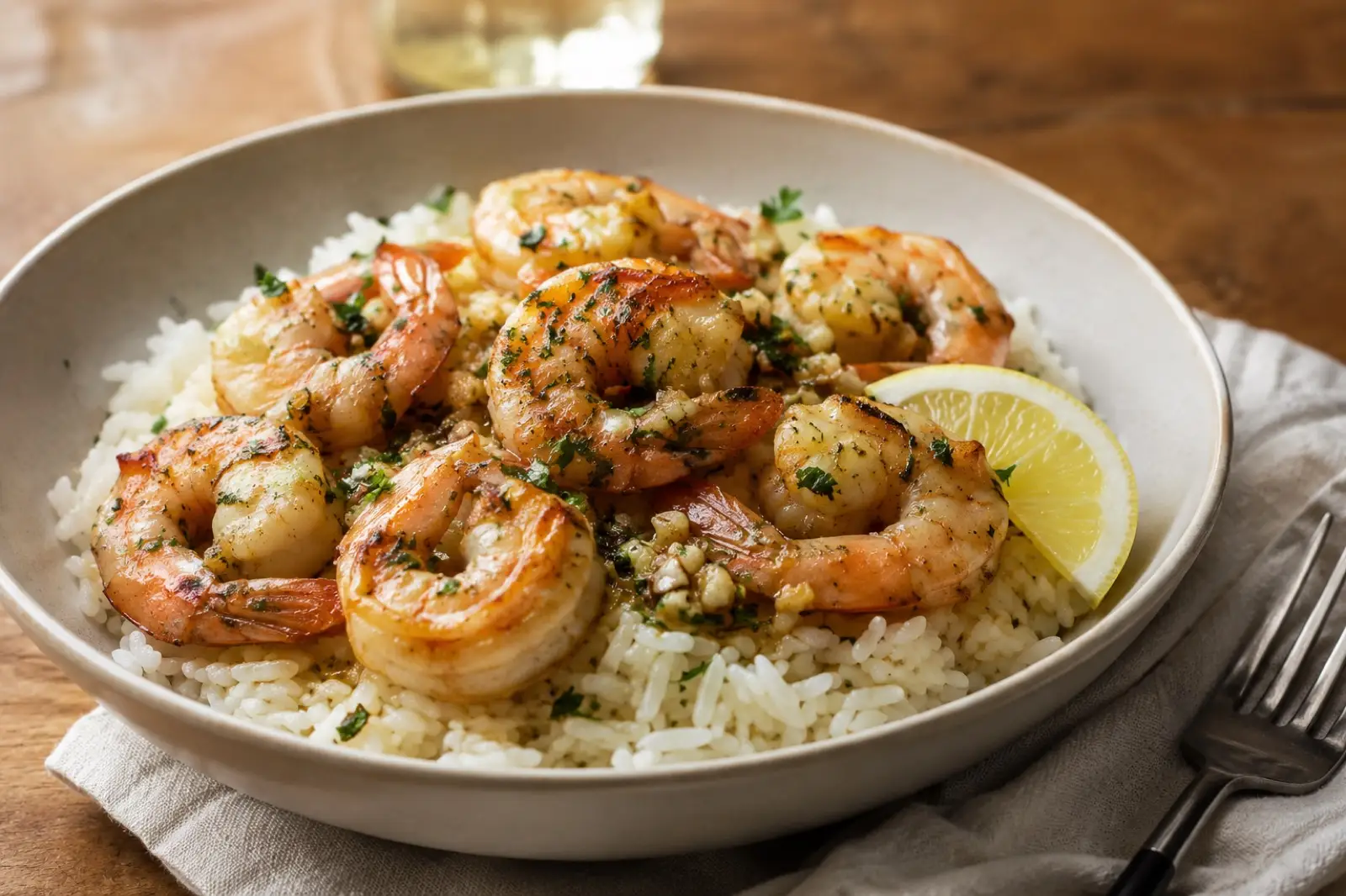Garlic butter shrimp served over steamed white rice in a shallow bowl, the lemon-butter sauce soaking into the rice, garnished with parsley and a lemon wedge