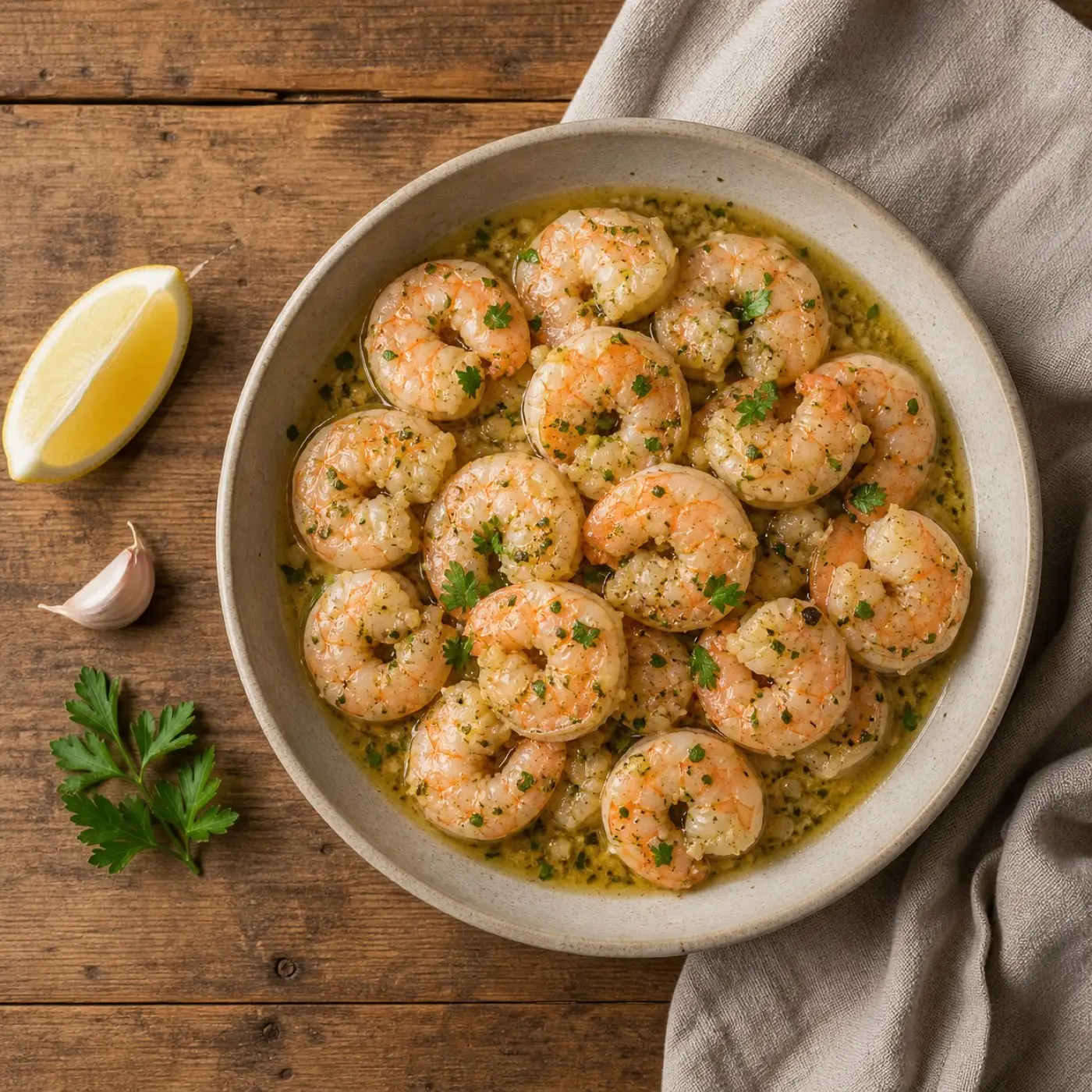 Overhead view of garlic butter shrimp in a ceramic bowl with glossy lemon-butter sauce and parsley, a lemon wedge and garlic clove on a rustic wood table