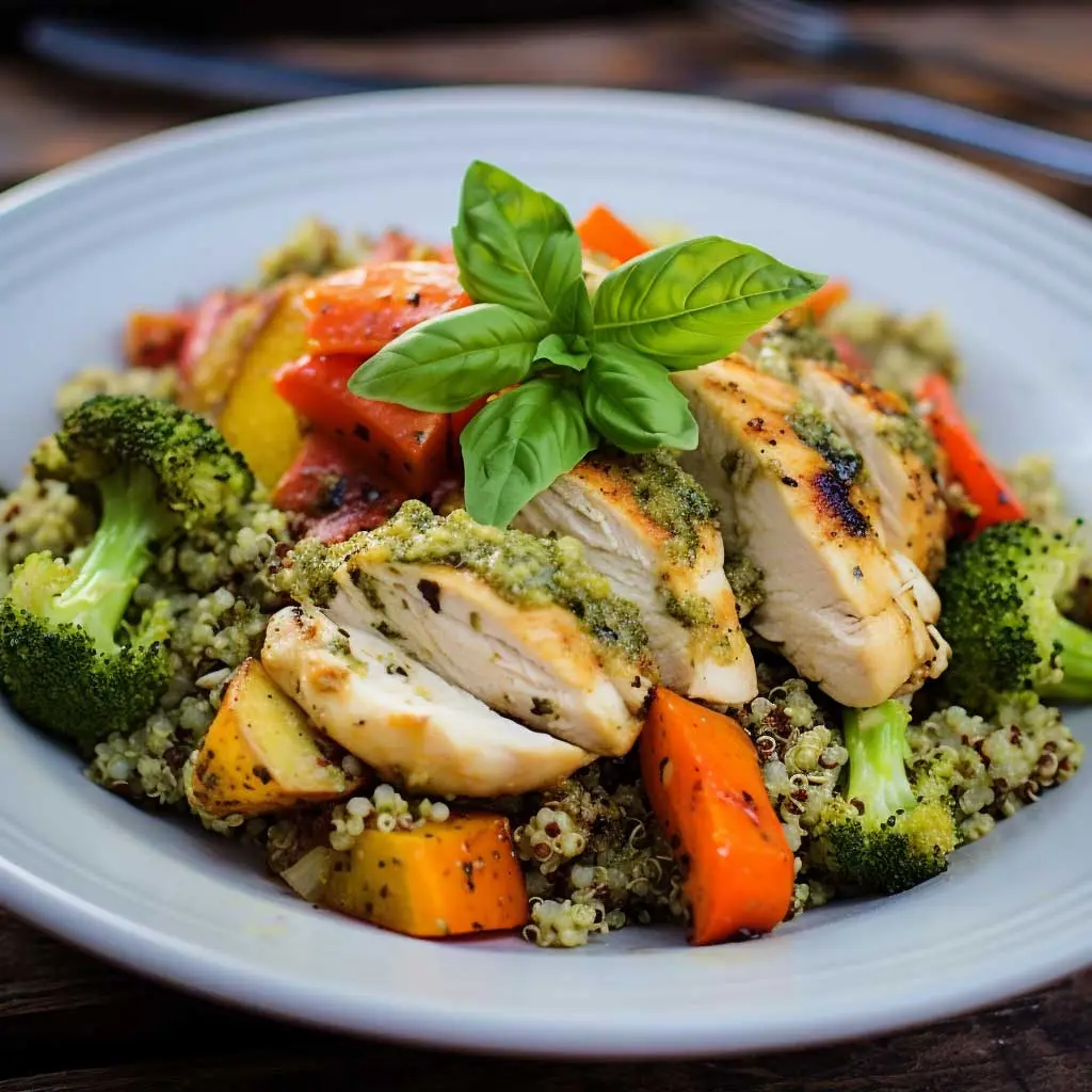 pesto chicken over quinoa and veggies