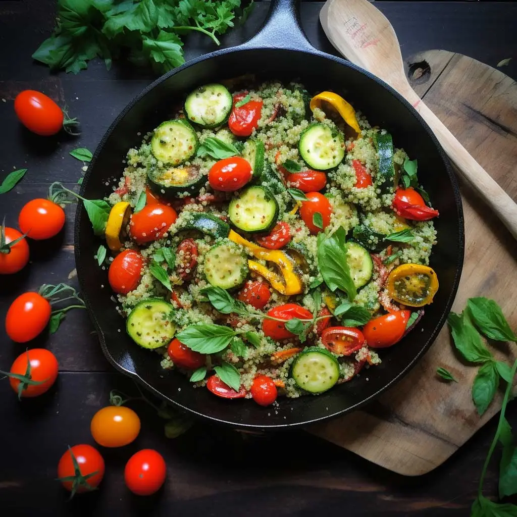 vegan low calorie skillet with quinoa and zucchini, peppers, tomatoes
